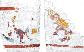 The shield was found close to two murals, shown here in watercolour illustration. The mural on the left is of an iguana like creature while the one on the right is of a Strombus Monster that has both snail and feline characteristics.