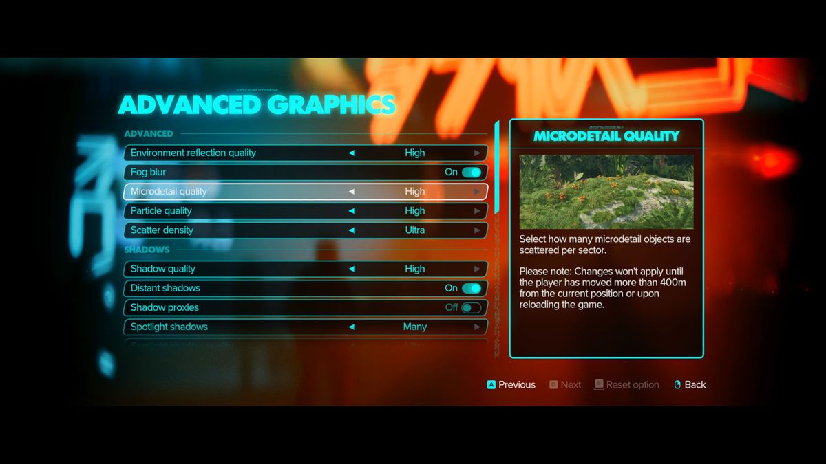 A screenshot of the graphics settings options in Ubisoft's Star Wars Outlaws