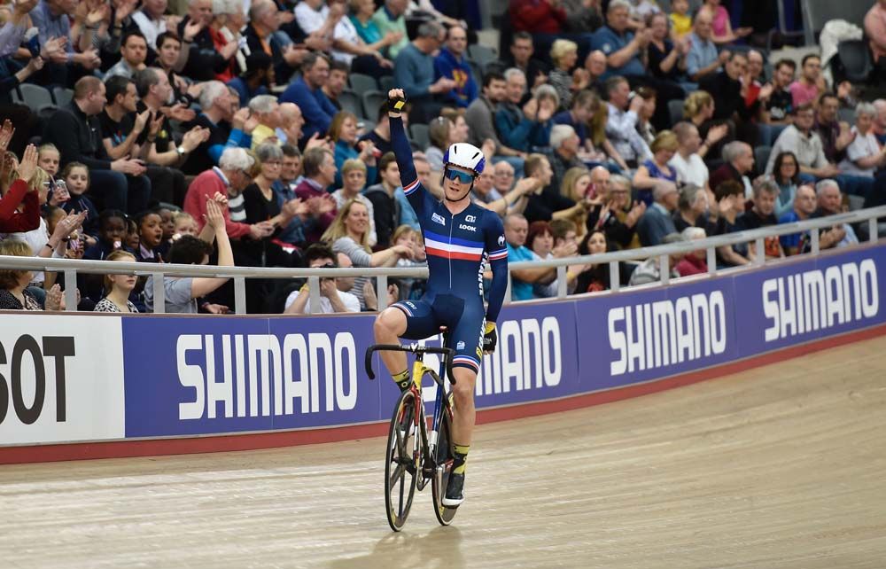 Thomas Boudat (France) celebrates his first event win in the Omnium