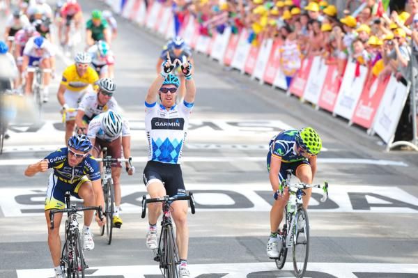 Tyler Farrar (Garmin-Cervelo) takes his first-ever Tour de France stage win.