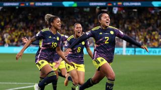 Manuela Vanegas of Colombia celebrates with teammates after scoring ahead of Columbia vs Jamaica in the 2023 Women's World Cup.