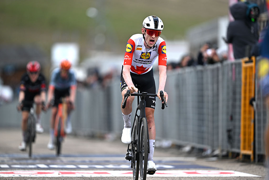 Derek Gee-West of Canada and Team Lidl - Trek crosses the finish line during the 109th Giro d&amp;apos;Italia 2026, Stage 7 