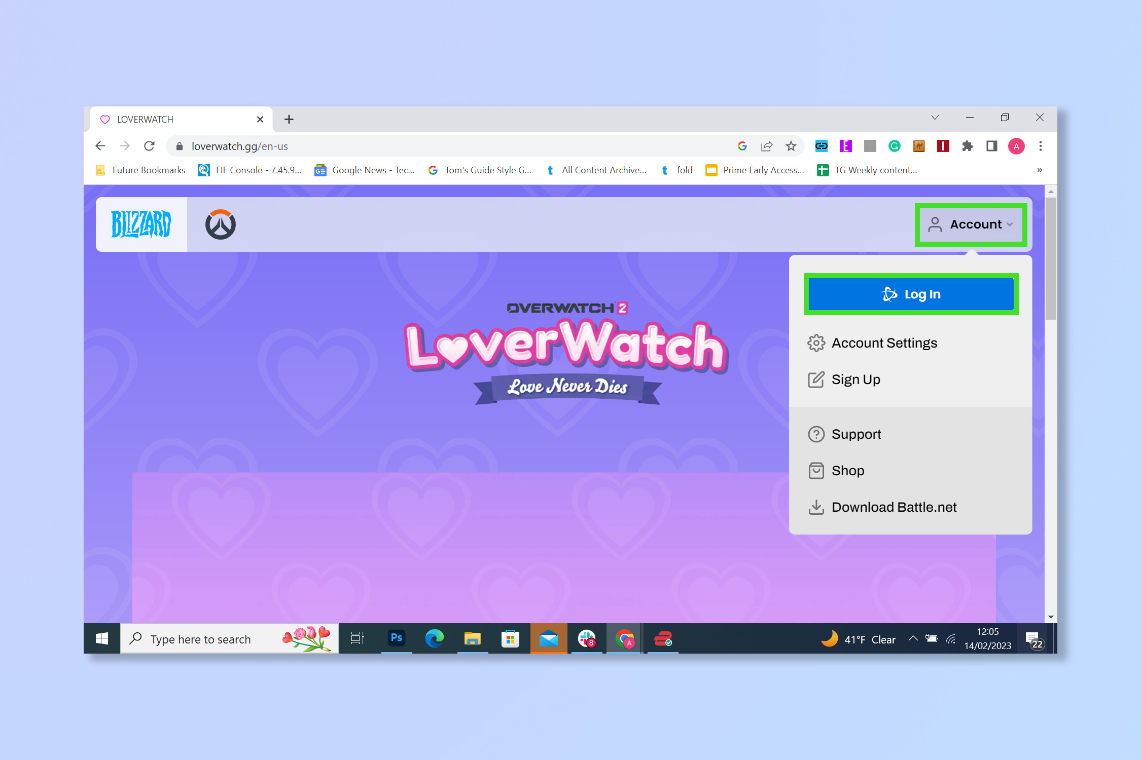Экран входа в Loverwatch