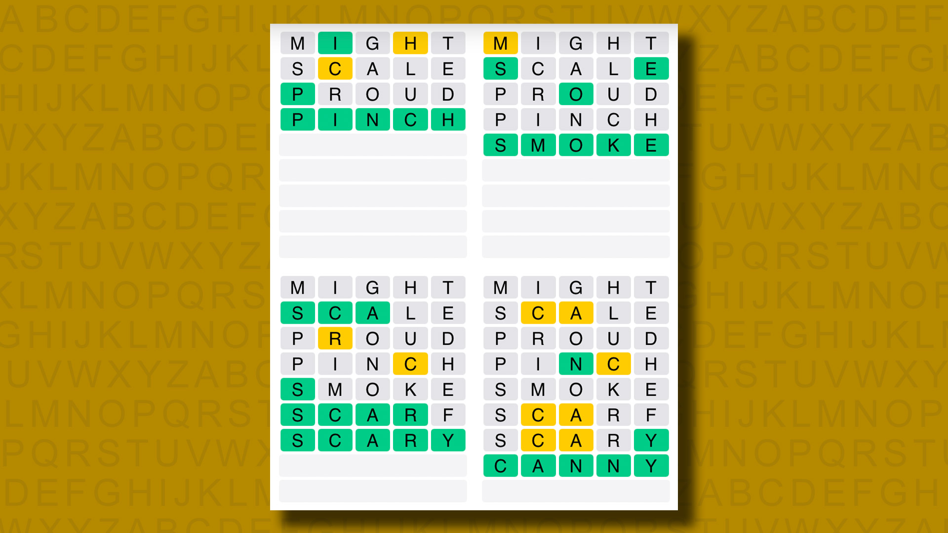 Quordle Respostas para o jogo 1196 em um fundo amarelo