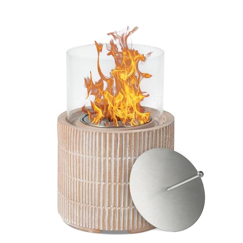 Vossmoon Tabletop Fire Pit, Bioethanol Table Top Fire Bowl, Portable Round Fireplace Indoor or Outdoor, Concrete Table Top Patio Heater Ethanol Burner With Tempered Glass for Potluck or Camping, Red