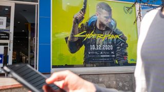 Cyberpunk 2077, action role-playing video game developed and published by CD Projekt, advertisement was installed on facade of the building.