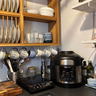 a temporary kitchen with open shelving, a multi cooker, microwave and portable induction hob