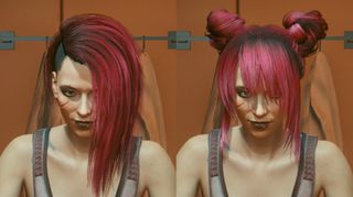 An image of the character V from Cyberpunk 2077 with several different haircuts.