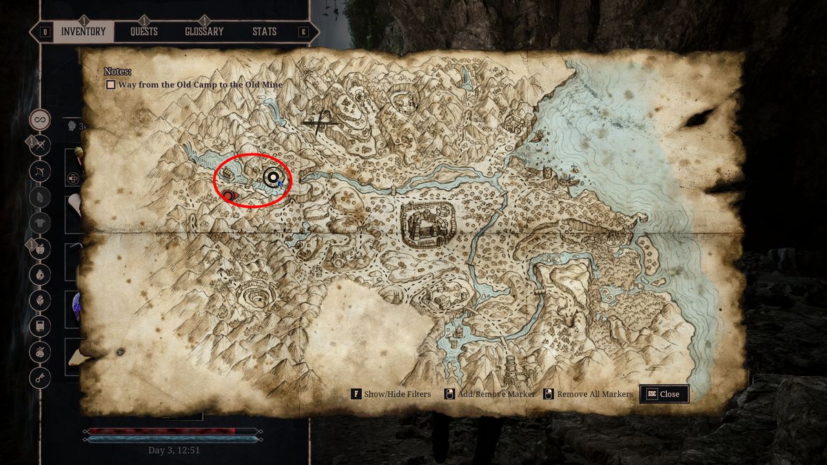 Gothic Remake New Camp: A map with a red circle showing the location of the New Camp.