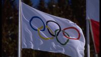 The Olympic ring logo waving on a white flag.