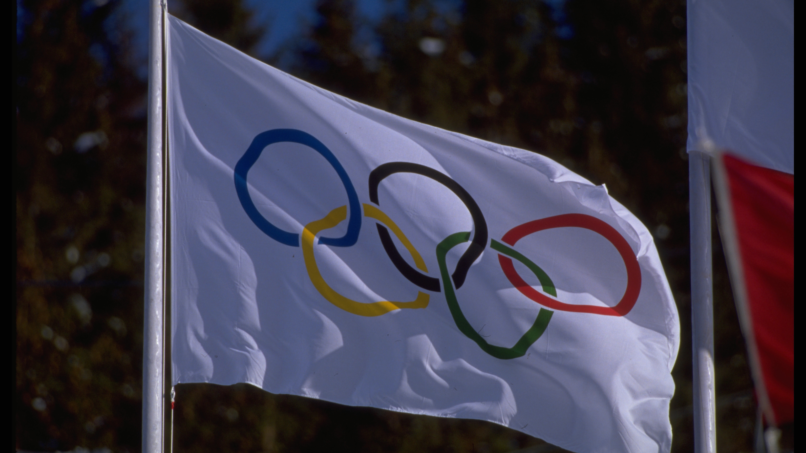 The Olympic ring logo waving on a white flag.