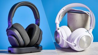 A split image showing two gaming headsets. The Fractal Design Scope in black is on the left; the SteelSeries Arctis Nova Pro in white is on the right.