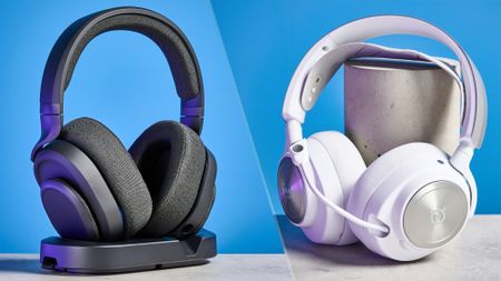 A split image showing two gaming headsets. The Fractal Design Scope in black is on the left; the SteelSeries Arctis Nova Pro in white is on the right.