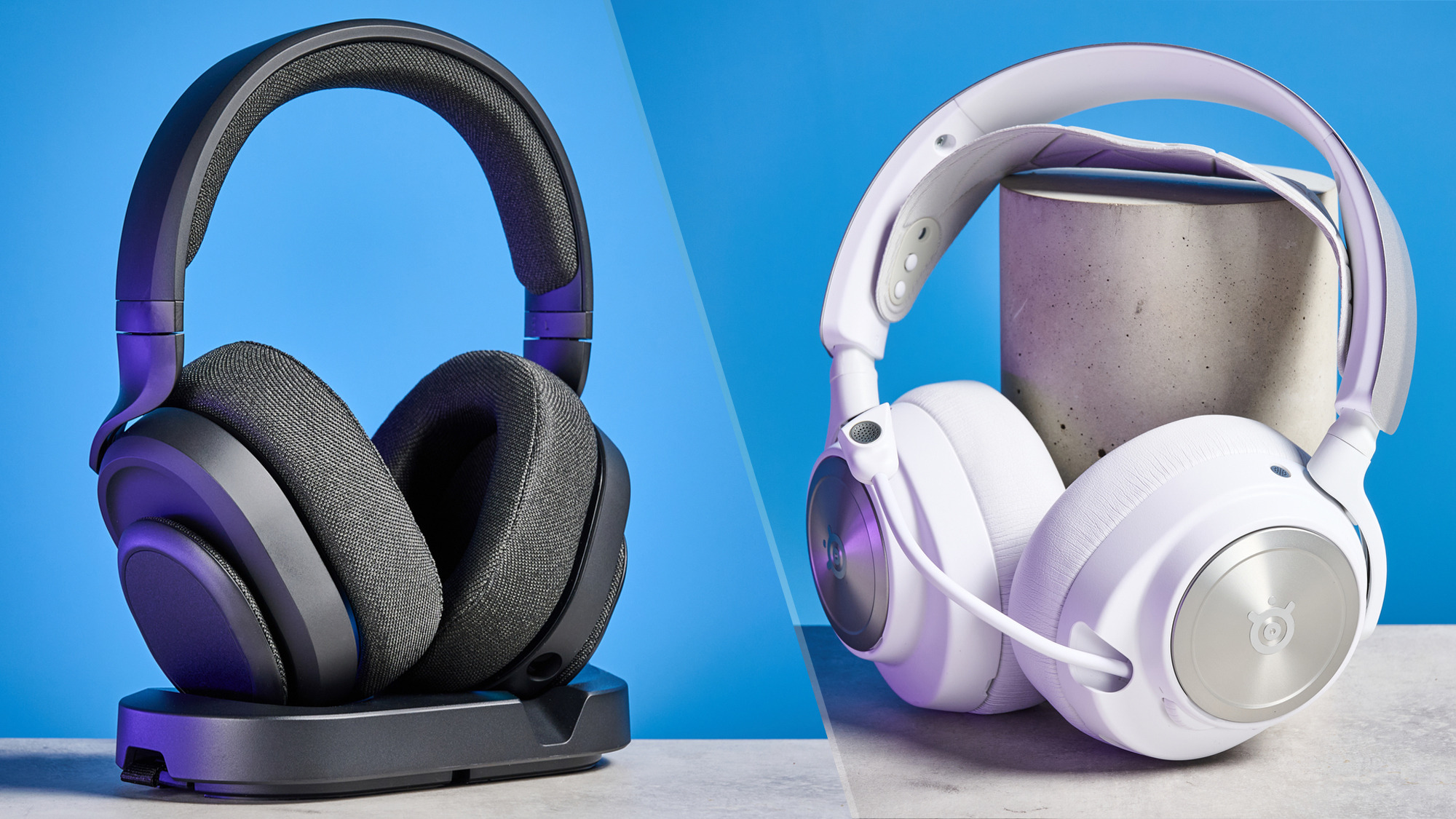 A split image showing two gaming headsets. The Fractal Design Scope in black is on the left; the SteelSeries Arctis Nova Pro in white is on the right.