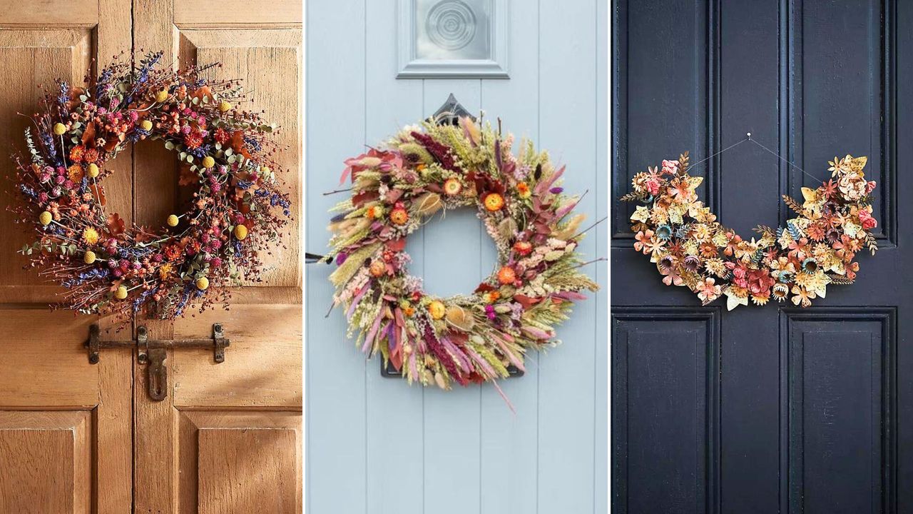 Three pictures of fall wreaths hung on wooden, light blue, and dark blue doors