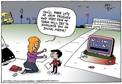 Political cartoon U.S. back to school children social media bullying Trump