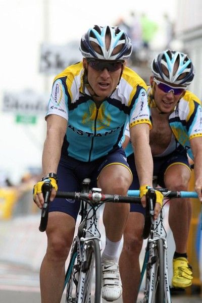 Astana teammates Leivi Leipheimer and Chris Horner arrive at the finish line.