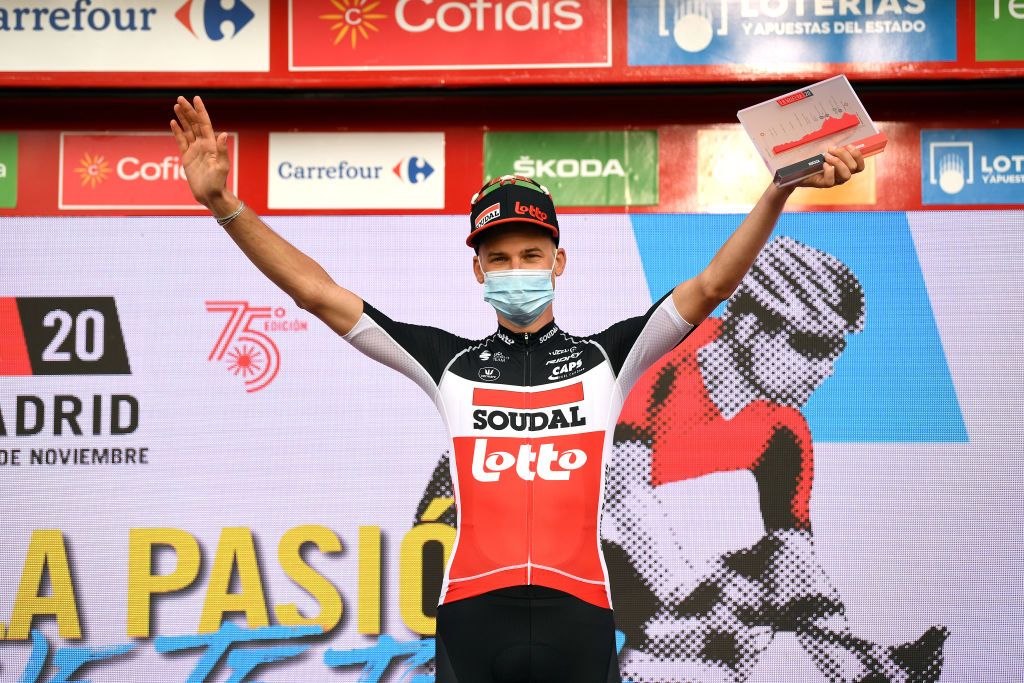 SABIANIGO SPAIN OCTOBER 24 Podium Tim Wellens of Belgium and Team Lotto Soudal Celebration Mask Covid safety measures Trophy during the 75th Tour of Spain 2020 Stage 5 a 1844km Huesca to Sabinigo 835m lavuelta LaVuelta20 La Vuelta on October 24 2020 in Sabinigo Spain Photo by David RamosGetty Images