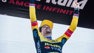 Primoz Roglic celebrating on stage 20 of the Giro d'Italia