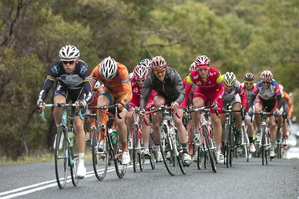 The peloton head up a climb nearing the half-way mark of the 80km second stage.