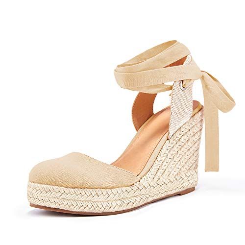 Fisace Womens Summer Lace Up Espadrilles Wedge Sandals Closed Toe Ankle Strap Platform Shoes