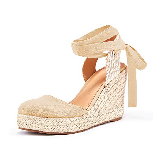 Fisace Womens Summer Lace Up Espadrilles Wedge Sandals Closed Toe Ankle Strap Platform Shoes