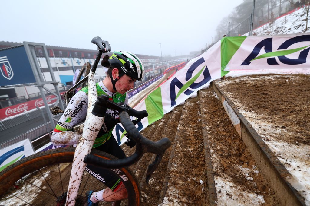 Belgian Marion Norbert Riberolle pictured in action during the women U23 and Elite race of the Belgian Championships cyclocross (11-12/01) on Saturday 11 January 2025 in Heusden-Zolder.
BELGA PHOTO DAVID PINTENS (Photo by DAVID PINTENS / BELGA MAG / Belga via AFP)