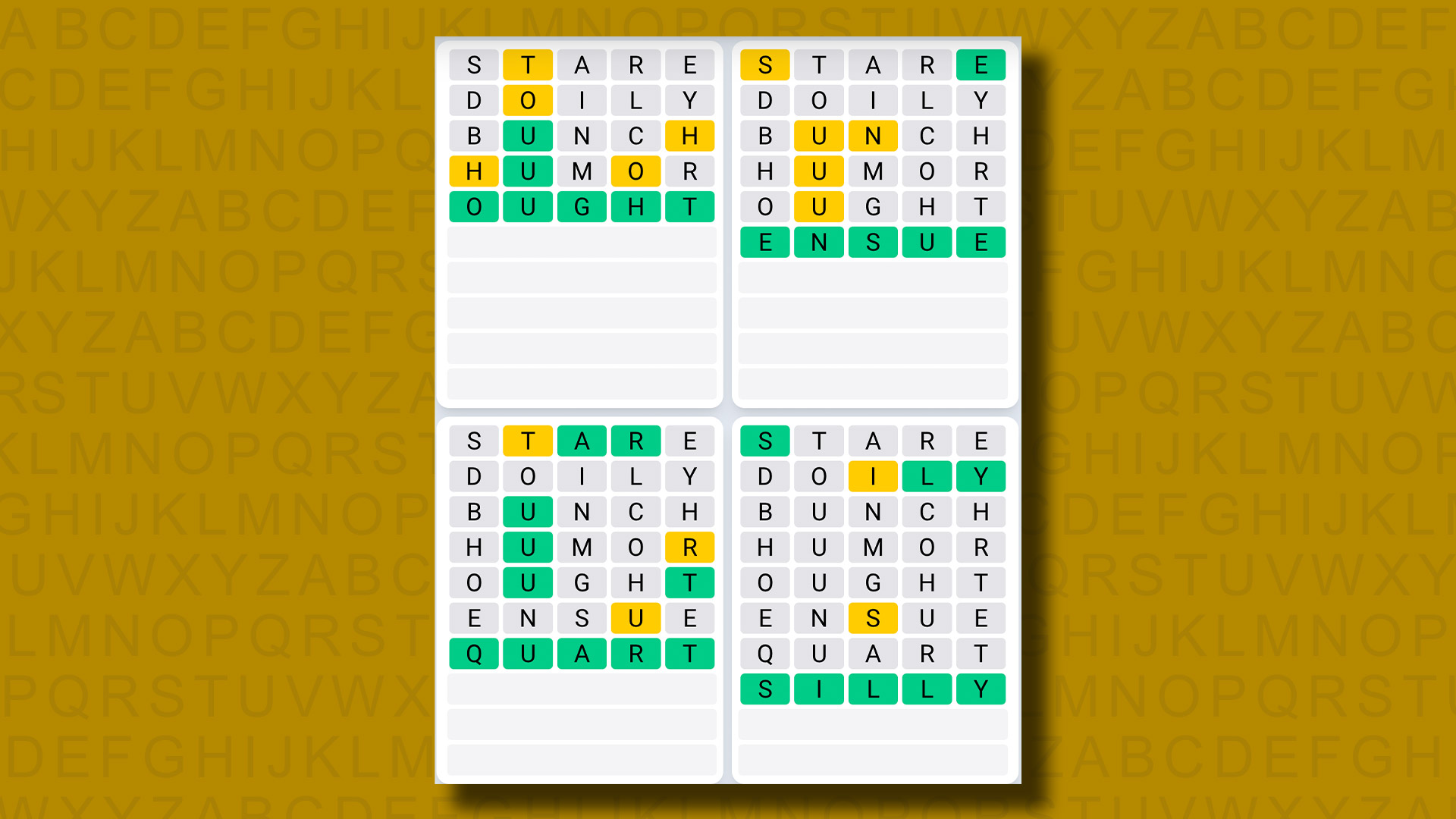 Quordle daily sequence answers for game 874 on a yellow background