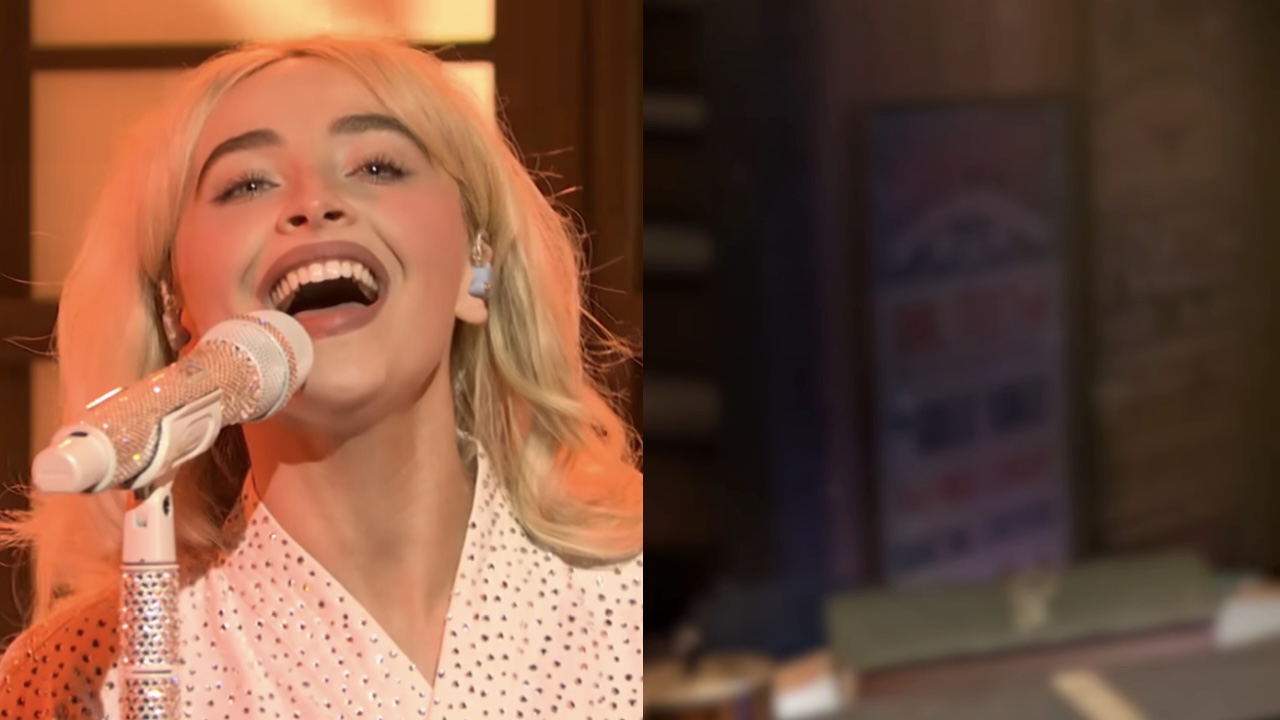 Side by side: Sabrina Carpenter performing on Saturday night live; Dr. Teeth poster in The Muppet Show special teaser