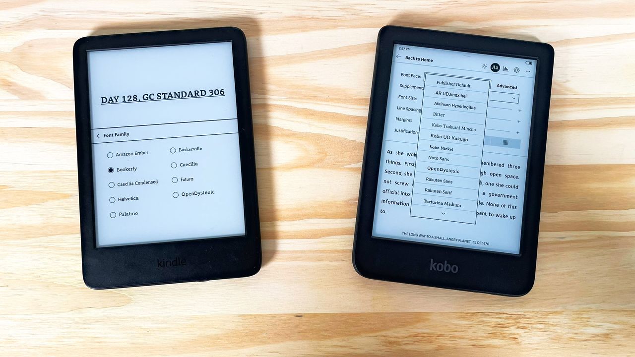 An Amazon Kindle and Kobo Clara BW side by side on a wood table showing font selection options