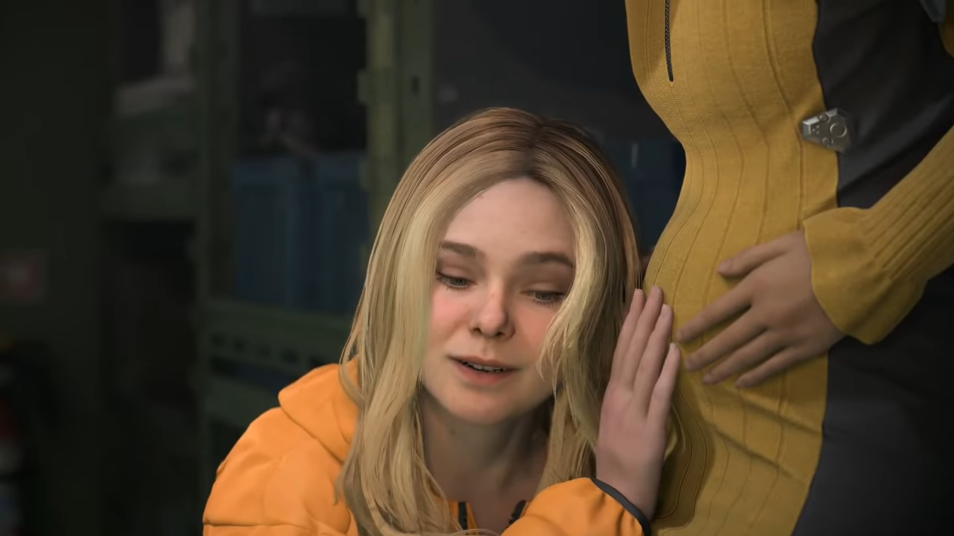 Elle Fanning as Tomorrow listening to a pregnant woman's belly