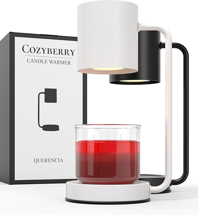A black Cozyberry candle warmer lamp next to a white version