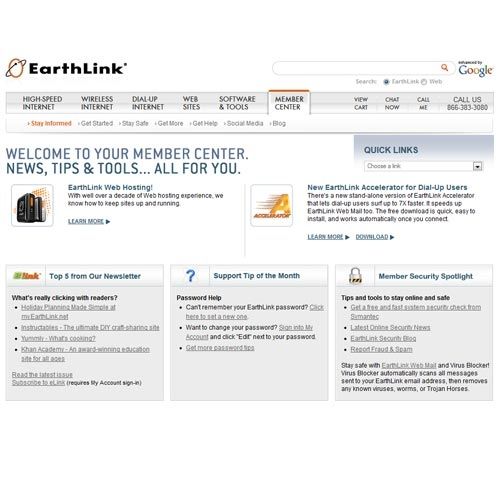 EarthLink image: The member center is where you can find contact information, FAQs and interesting help articles.