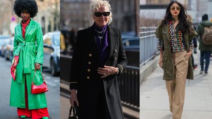 slimming coats: composite of three women wearing different styles of coats
