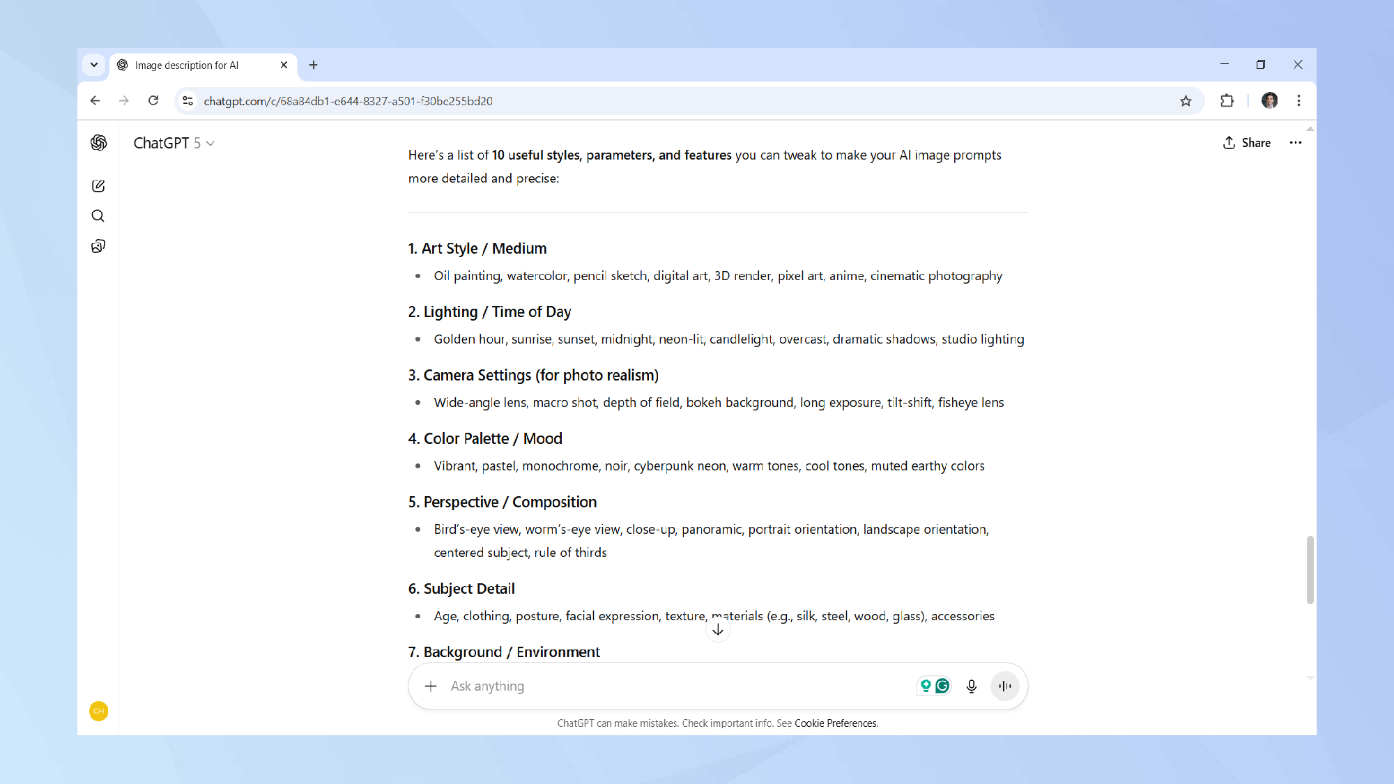 ChatGPT list of image prompts