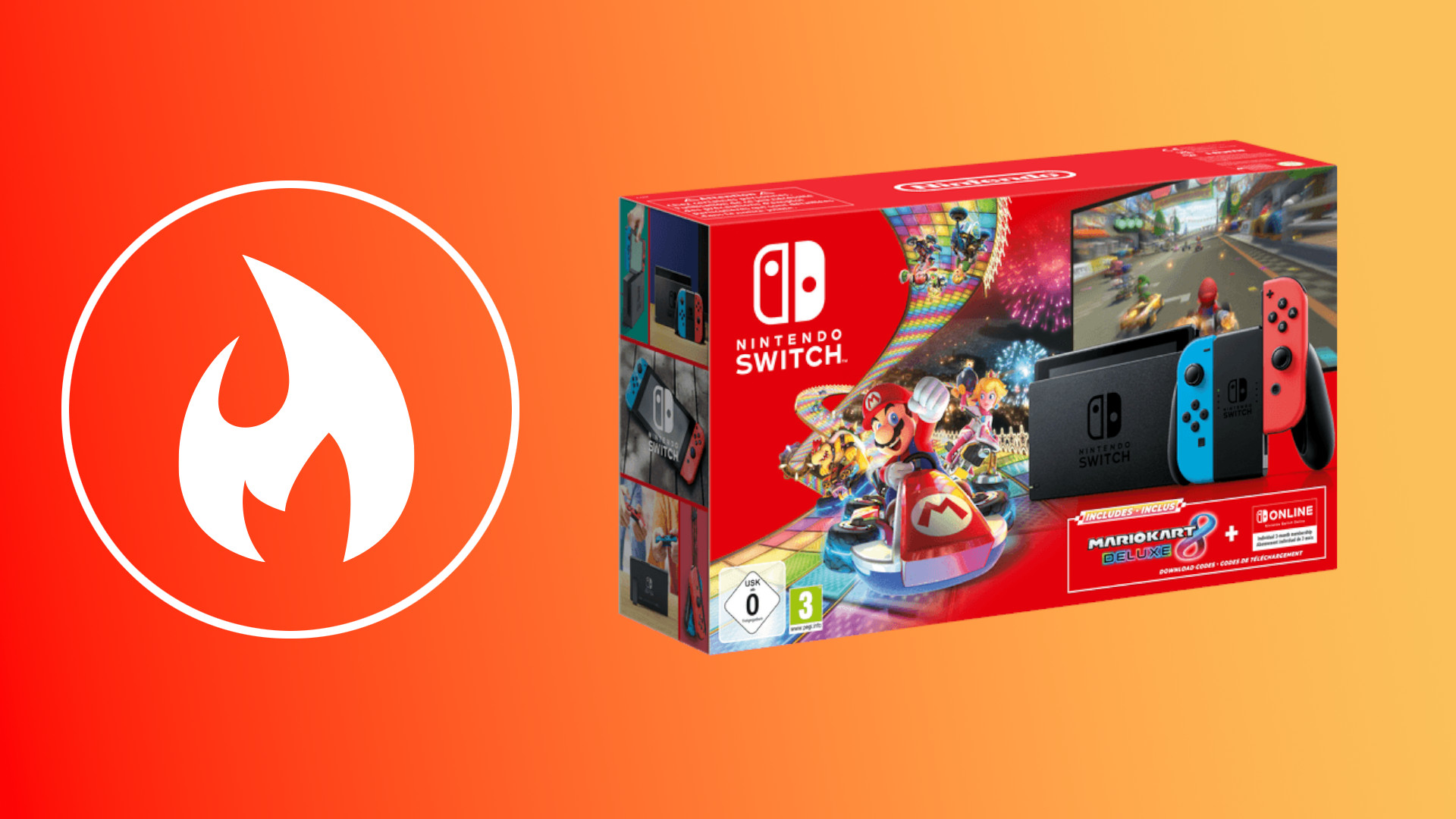 Nintendo Switch Mario bundle on orange background with Fire symbol