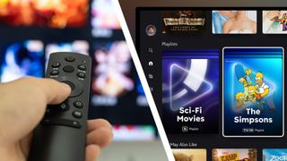 A remote pointing at a TV and a TV frame with the Disney+ homepage