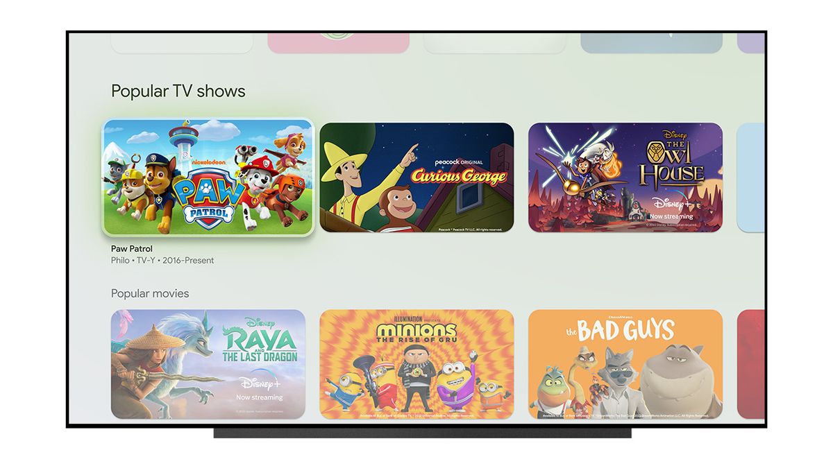 Google TV recommending age-appropriate content on a Kids Profile