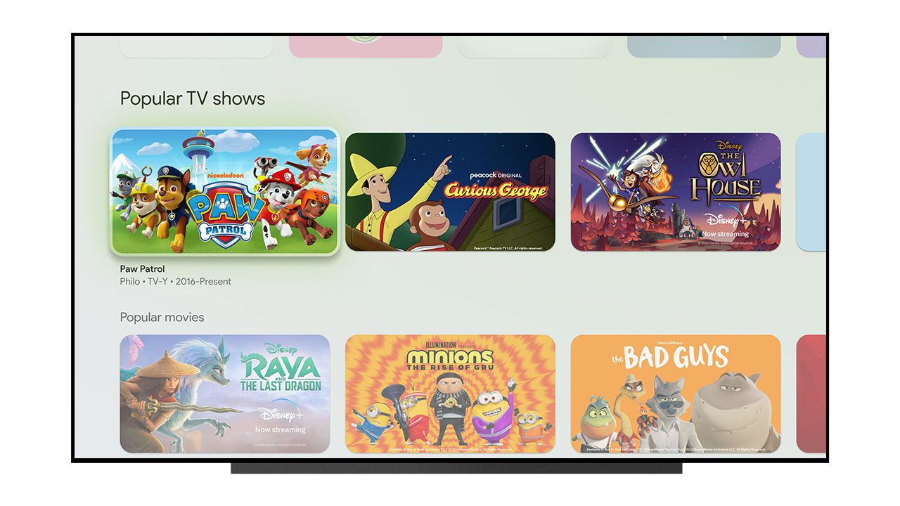 Google TV recommending age-appropriate content on a Kids Profile