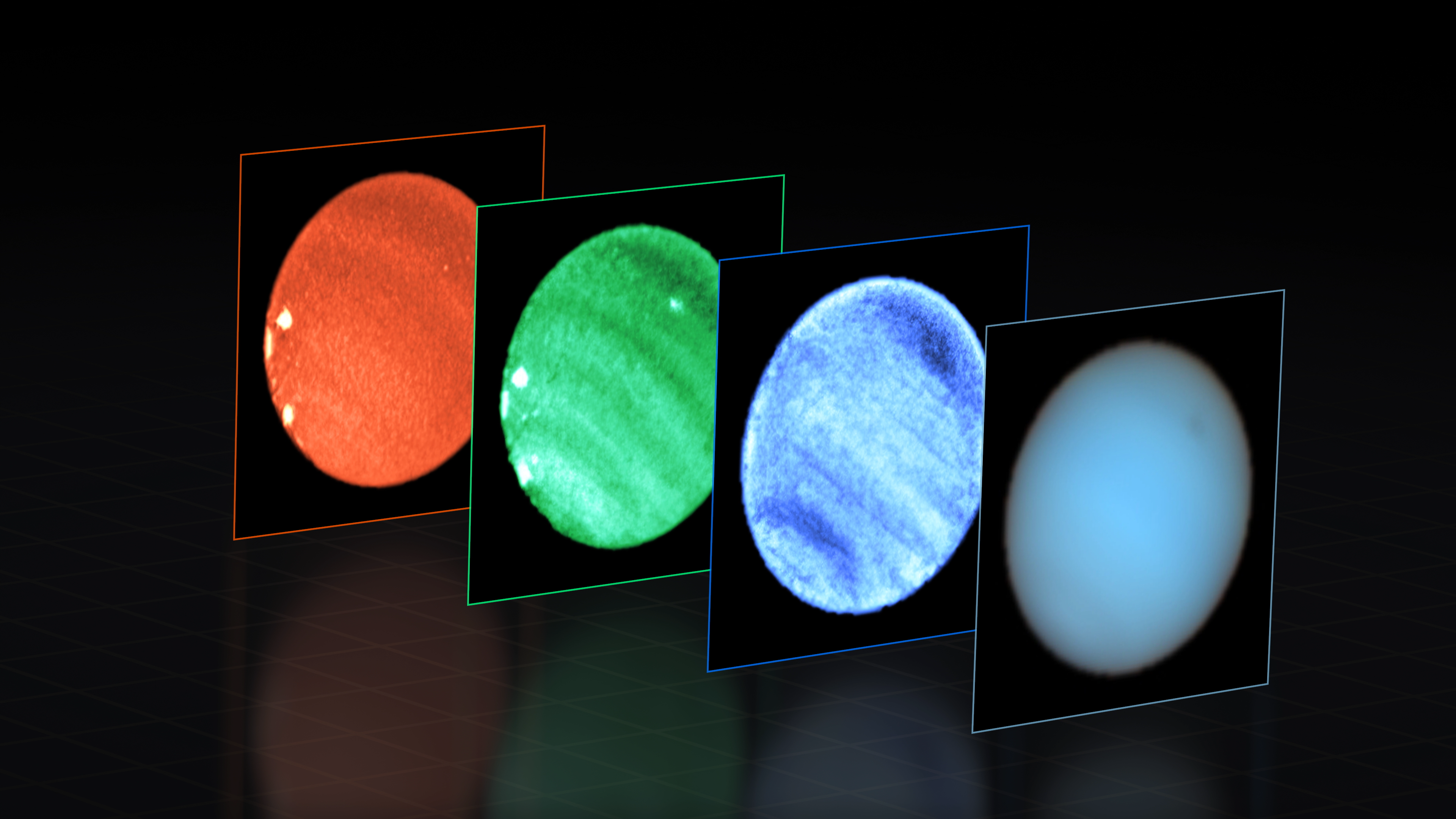 This image shows the planet Neptune as detected by the MUSE instrument on the European Southern Observatory's Very Large Telescope (VLT).  At each pixel within Neptune, MUSE splits the incoming light into its component colors or wavelengths.