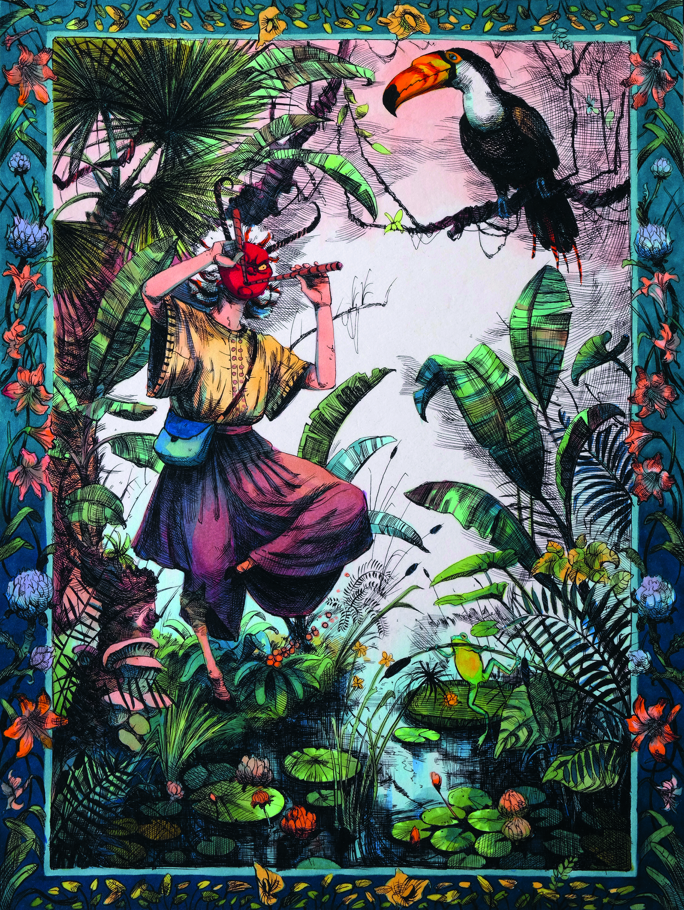 Detailed vibrant art showing a fantasy wildlife scene with various animal figures an a masked person in a jungle scene
