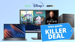 Dell laptop, monitor, and desktop shown with Hulu, Disney Plus, and ESPN logos