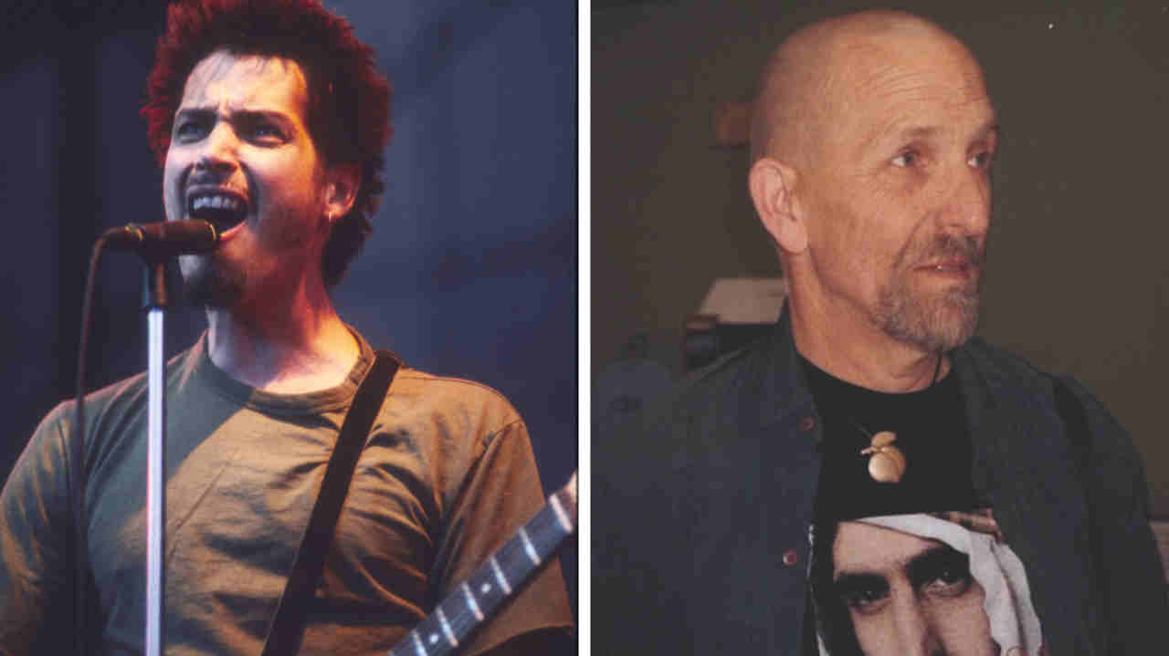 Soundgarden’s Chris Cornell performing onstage and Artis The Spoonman posing for a photograph