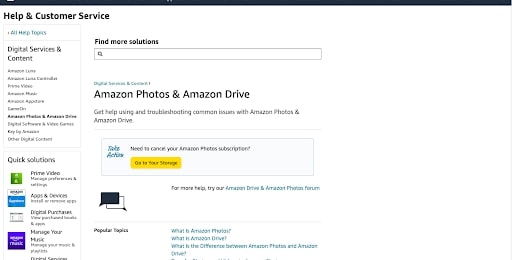 Amazon Photos' dedicated support webpage