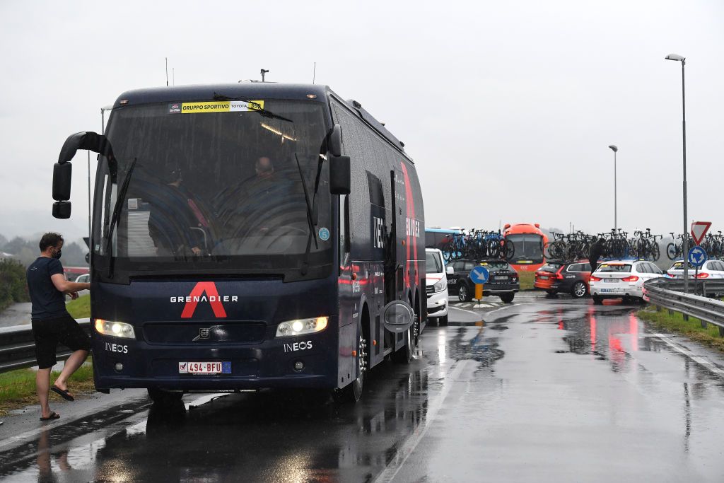 Team buses and cars during the 2020 Giro d&#039;Italia