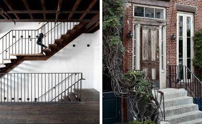 Left image: white wall, wooden floor with wooden staircase and black metal frame, blurred image of female walking down the stairs, Right image: red brick town house, daytime, stone steps, black hand rail, rustic wooden door and windows, branches frame left hadn hand rail at the side of the house, round black lantern lights on either side of the door way