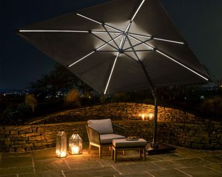 garden parasol with nighttime lighting detail