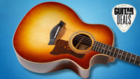 A Taylor 414ce acoustic guitar on a blue background with the Guitar World deals logo
