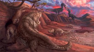 A painting depicting an Early Jurassic scene from the Navajo Sandstone desert preserved at Glen Canyon NRA.
