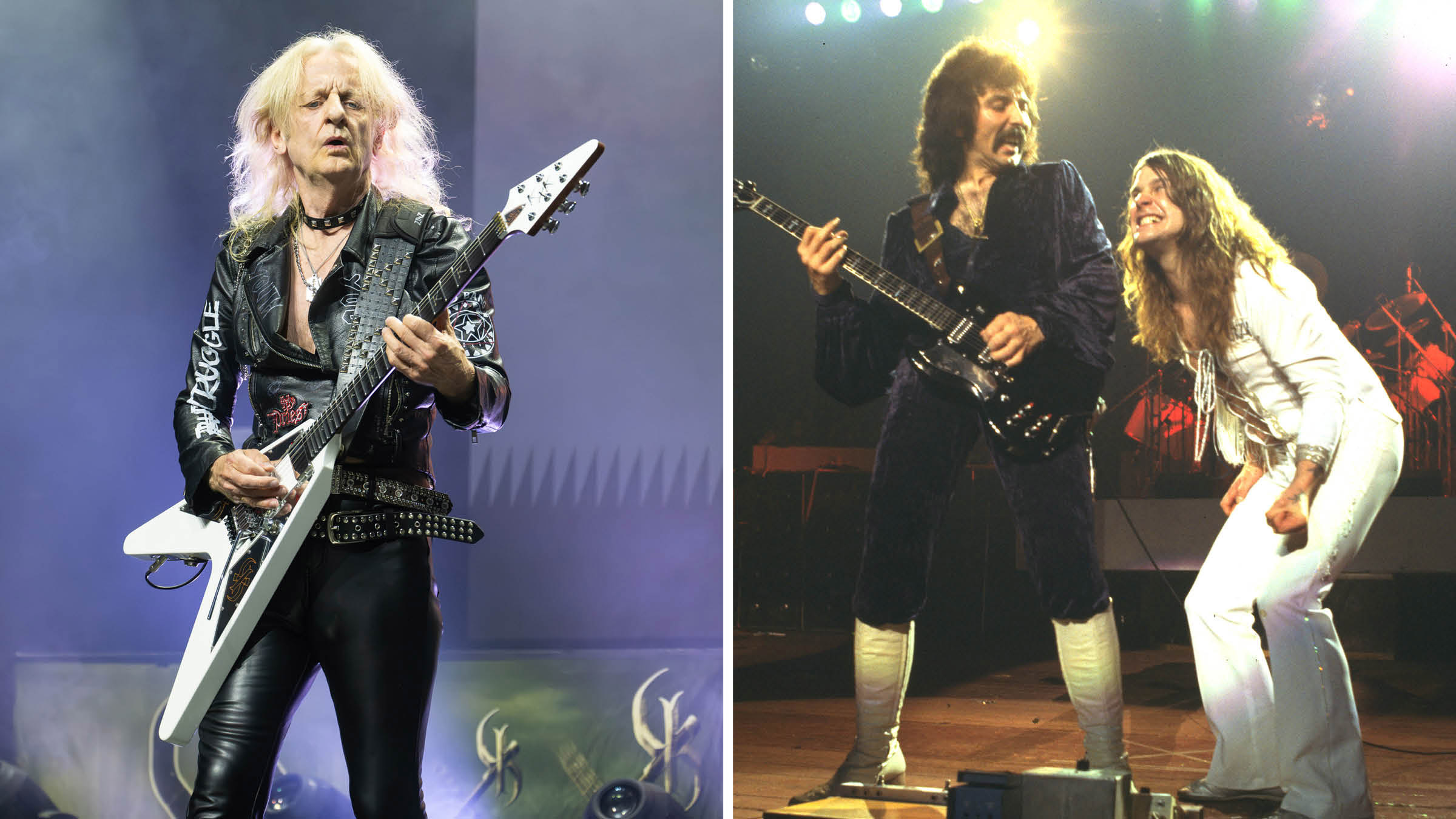 K.K. Downing [left] plays his white Flying V, and Black Sabbath&#039;s Ozzy and Tony Iommi share a moment onstage in 1978.